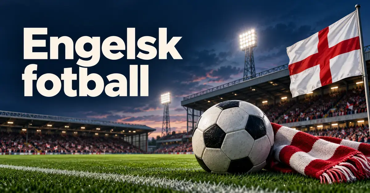 Fotball og rødhvitt supporterskjerf på en stadionbane med flomlys, engelsk flagg og teksten «Engelsk fotball».