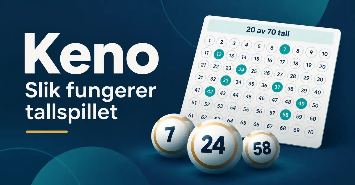 Illustrasjon av Keno med et tallbrett, tre nummererte kuler og teksten «Slik fungerer tallspillet» og «20 av 70 tall».